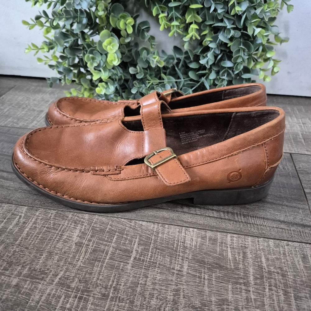 BORN Miki Brown Tan LEATHER LOAFER Buckle Mary Jane Flat Shoes Womens Size 9.5